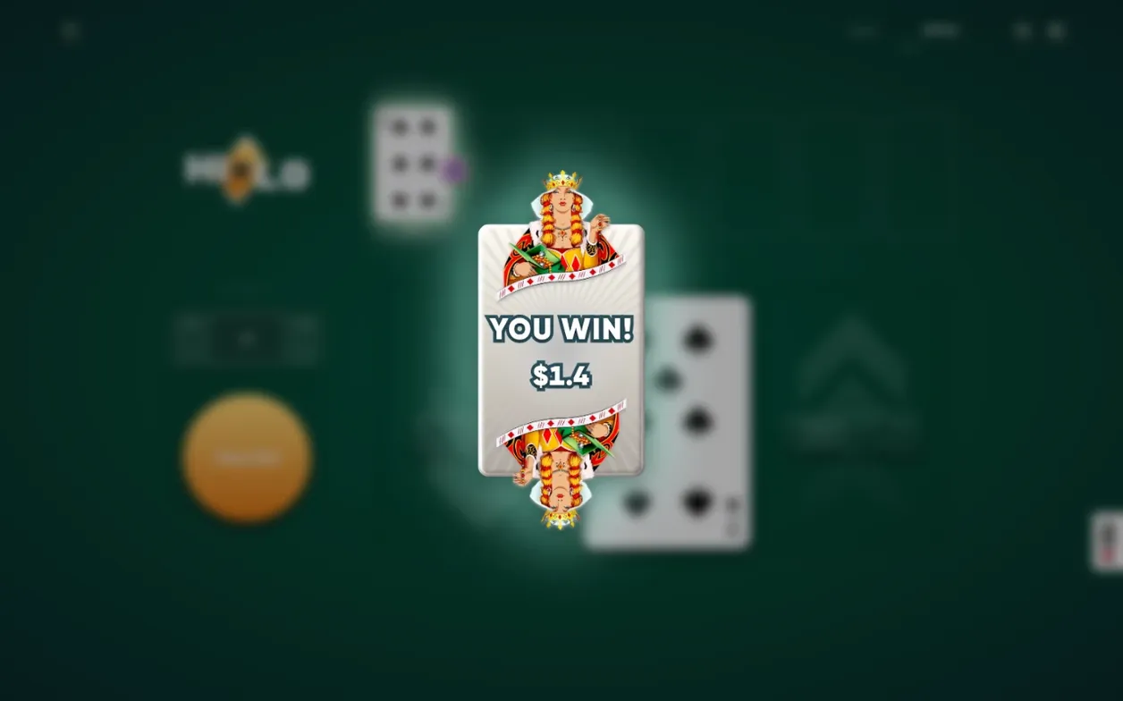 Win banner shows illustrated queen card, text YOU WIN! and $1.4 payout over blurred green table.
