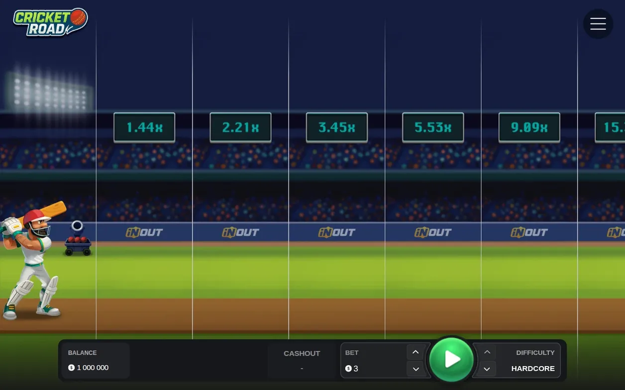 Hardcore mode idle, bet $3, lane ladder rises 1.44x to 9.09x in just six visible steps