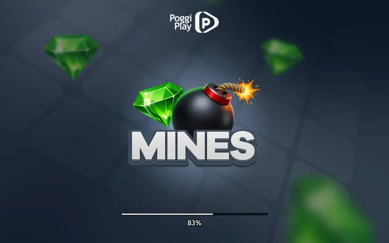 Mines loading screen: green gem, lit bomb fuse, PoggiPlay logo, progress bar at 83 percent