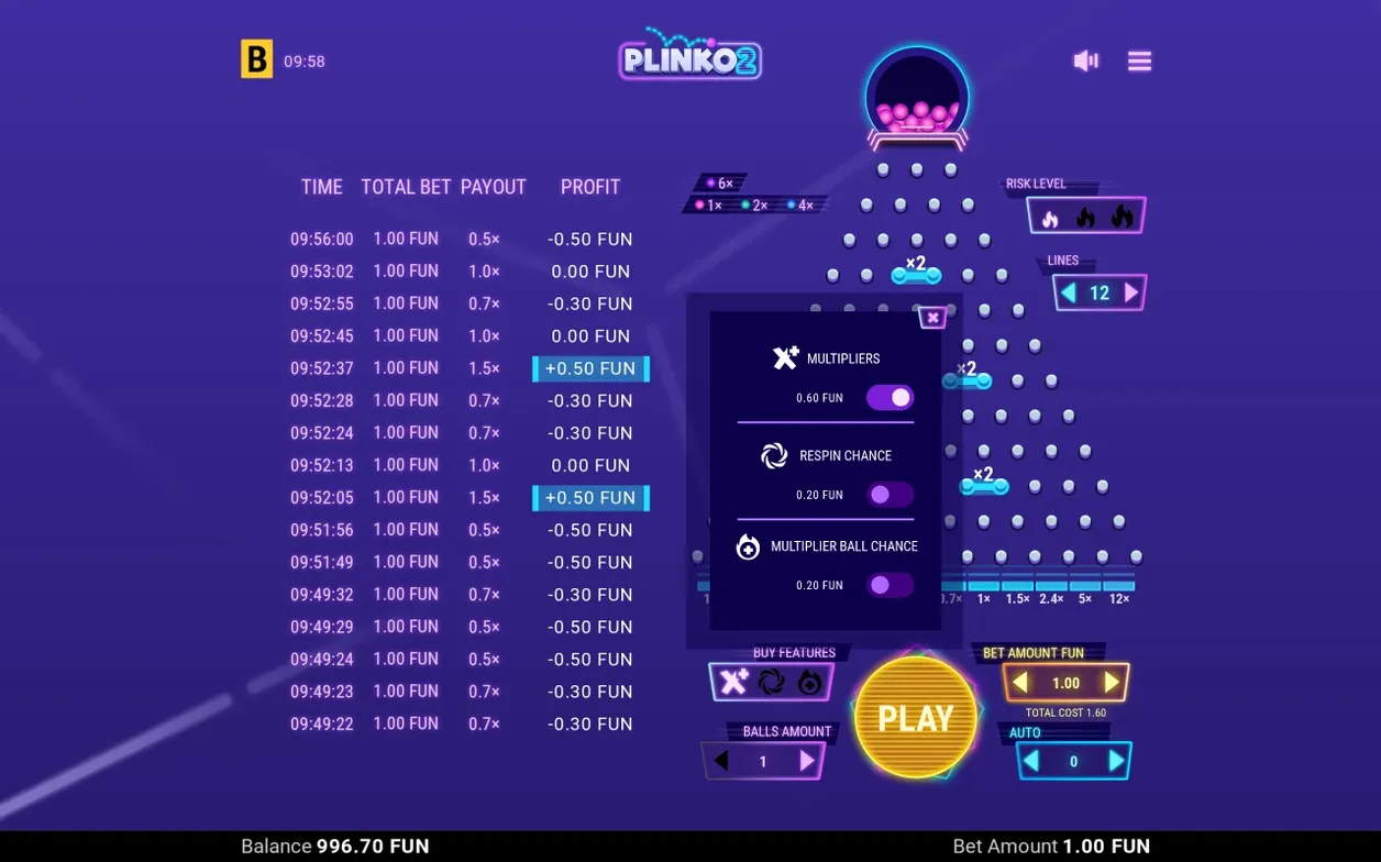Buy Features popup with Multipliers, Respin Chance and Multiplier Ball Chance toggled on, Lines set to 12
