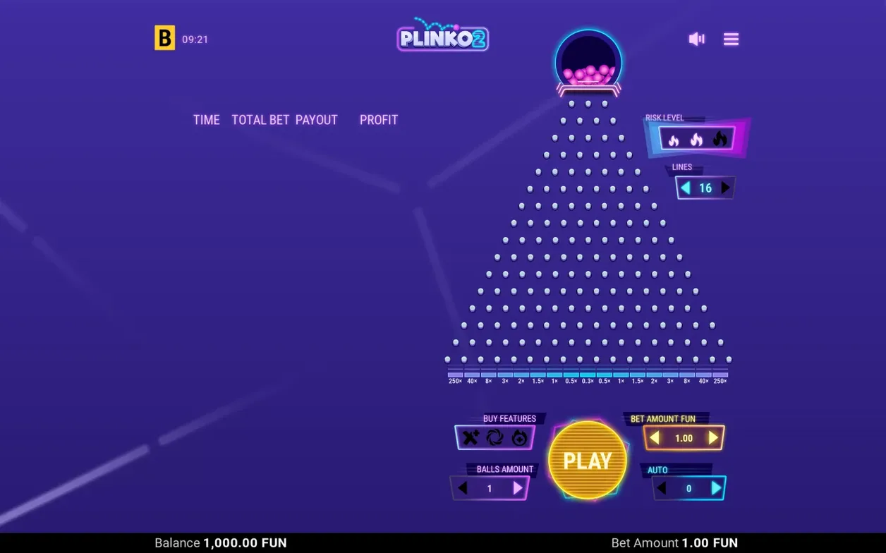 Bright neon Plinko 2 pyramid with 16 lines, outer holes reading 250x down to a 0.3x centre pit