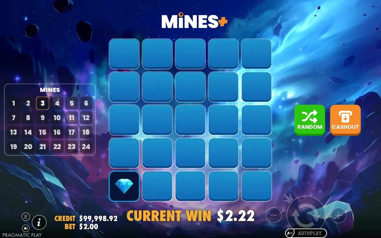 One diamond revealed on the 5x5 grid with 3 mines set, current win $2.22 shown below