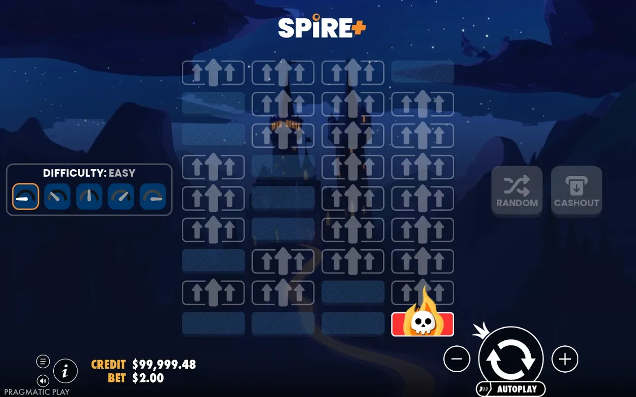 Board reveal after a loss: white arrow tiles cleared, one red skull-flame tile ends the round on Easy.