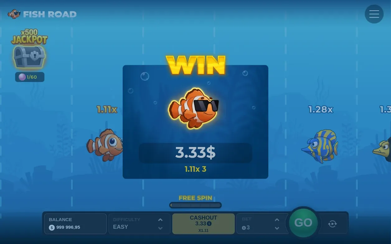 WIN panel shows clownfish in sunglasses, 3.33$ payout from bet 3 at 1.11x multiplier