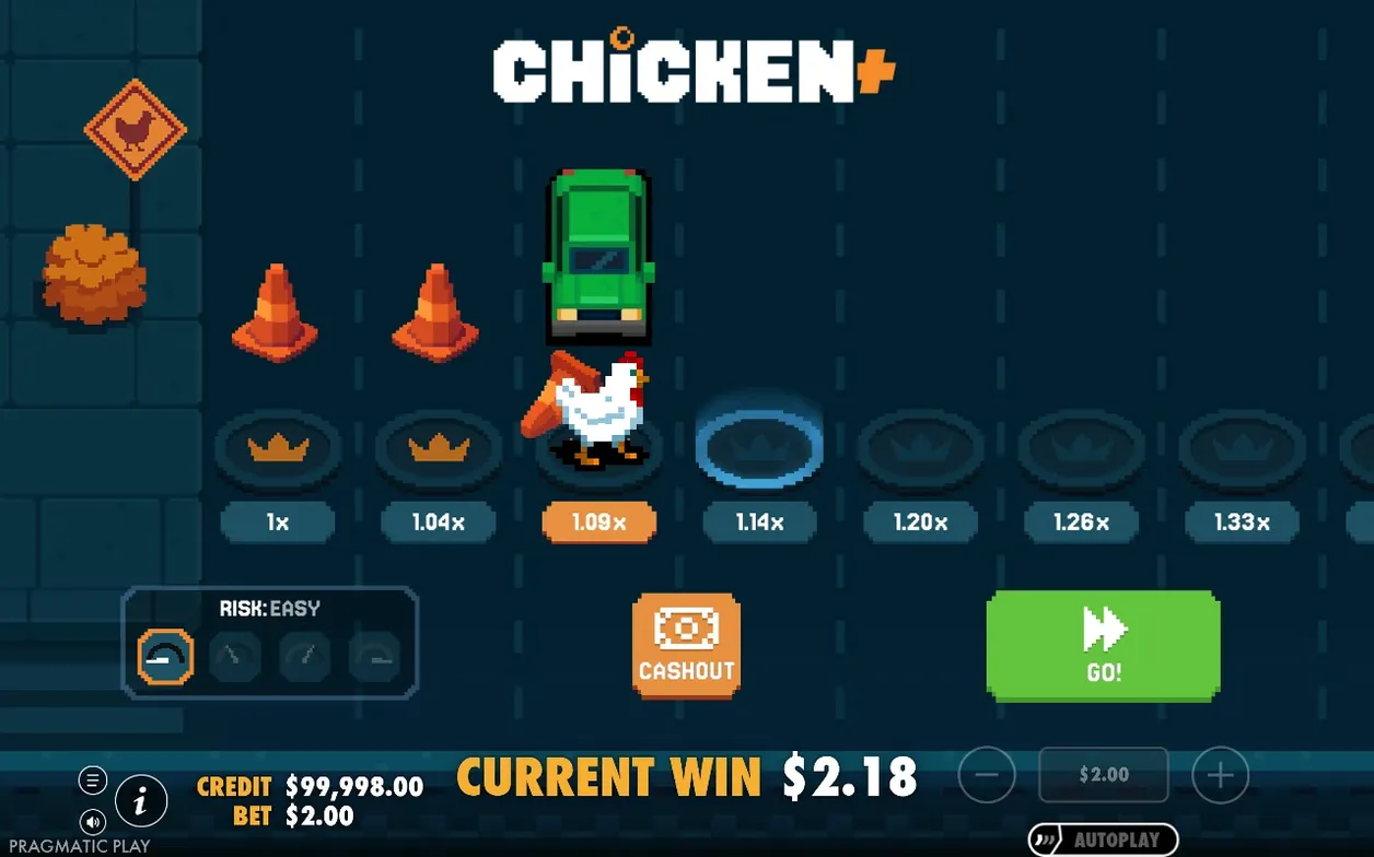 Chicken crosses the third lane on Easy risk, current win $2.18, next lane glowing blue