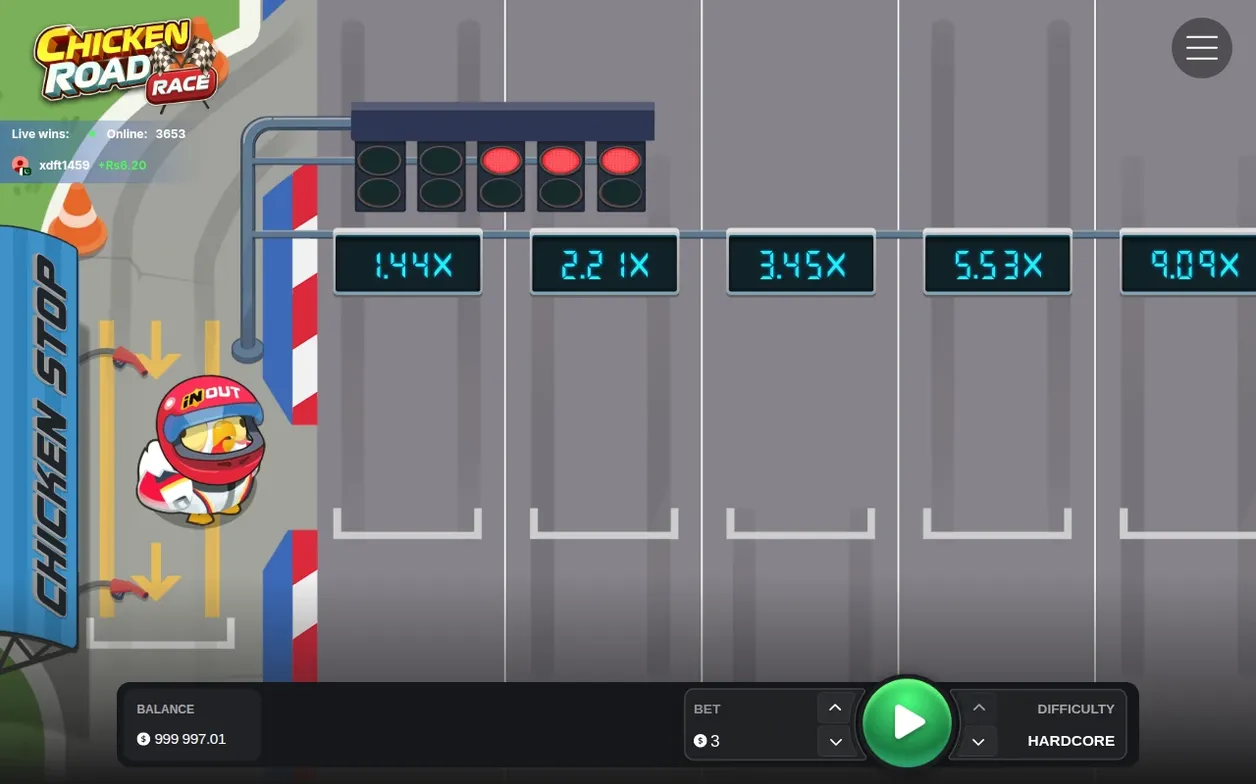 Hardcore difficulty selected, ladder jumps from 1.44x to 9.09x across five lanes, bet $3