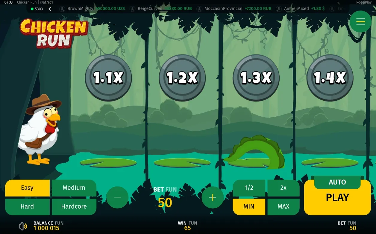 Four multiplier discs (1.1X-1.4X) sit above lily pads as the crocodile lurks near column 3, bet at 50 FUN.