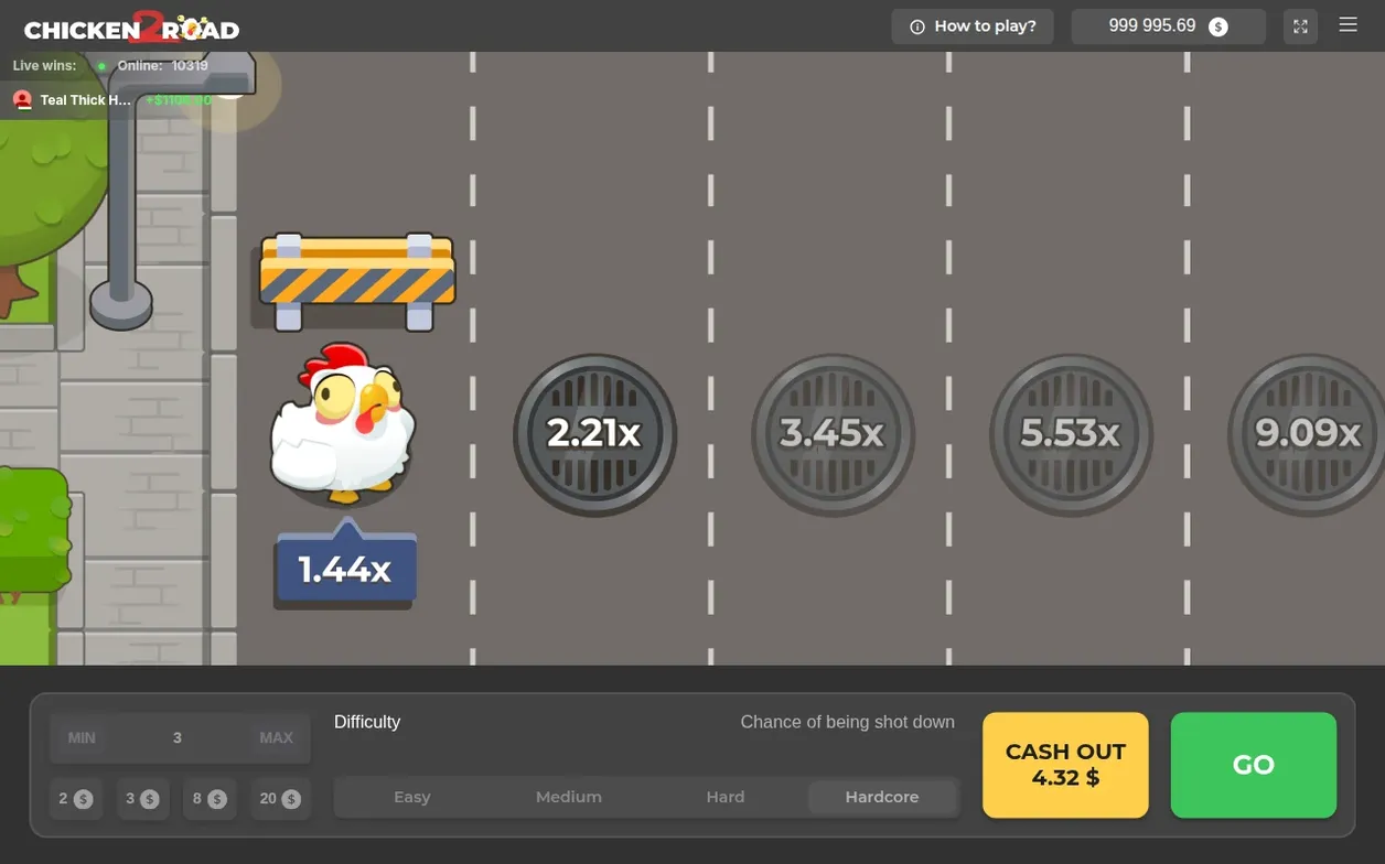 Chicken past a striped barrier shows 1.44x plaque; Hardcore lanes reach 9.09x, Cash Out reads 4.32 $