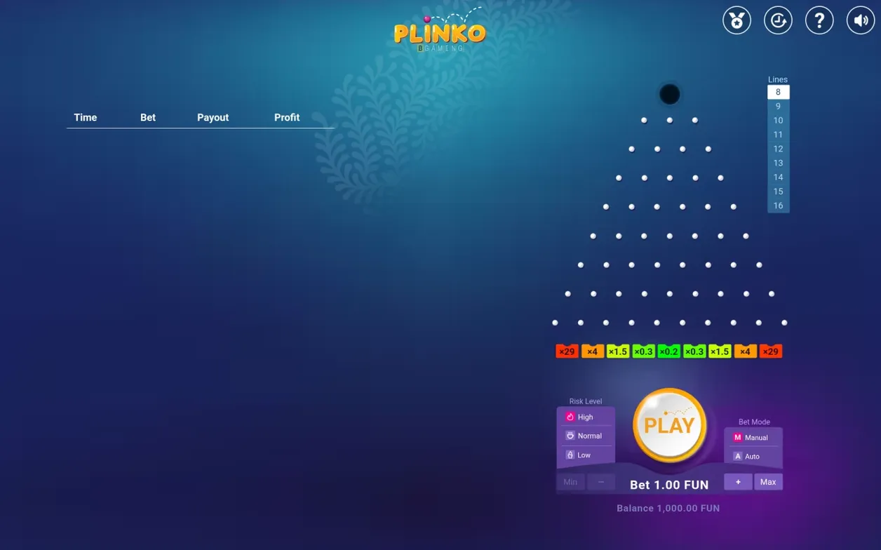 8-row Plinko board with High risk selected, buckets x29 x4 x1.5 x0.3 x0.2 x0.3 x1.5 x4 x29, ball poised to drop.