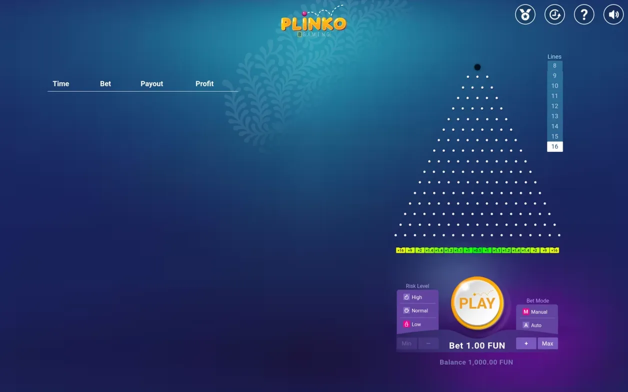 16-row Plinko board, Low risk selected, multiplier buckets ranging x16 to x1 at center.