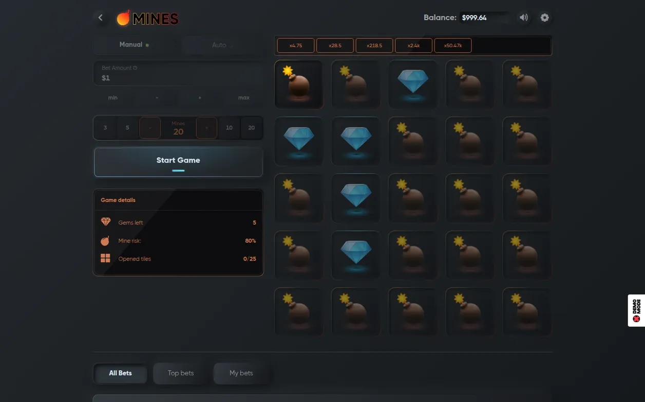 All 25 tiles revealed at 20 mines: 5 diamonds and 20 bombs shown, mine risk 80%, ladder tops x50.47k