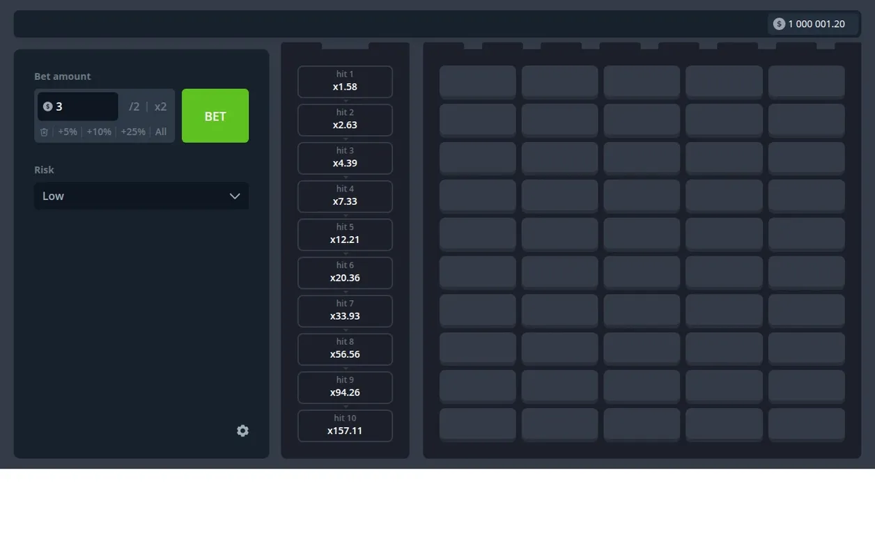 Low risk idle screen with hidden 5x10 grid and ladder from hit 1 x1.58 to hit 10 x157.11