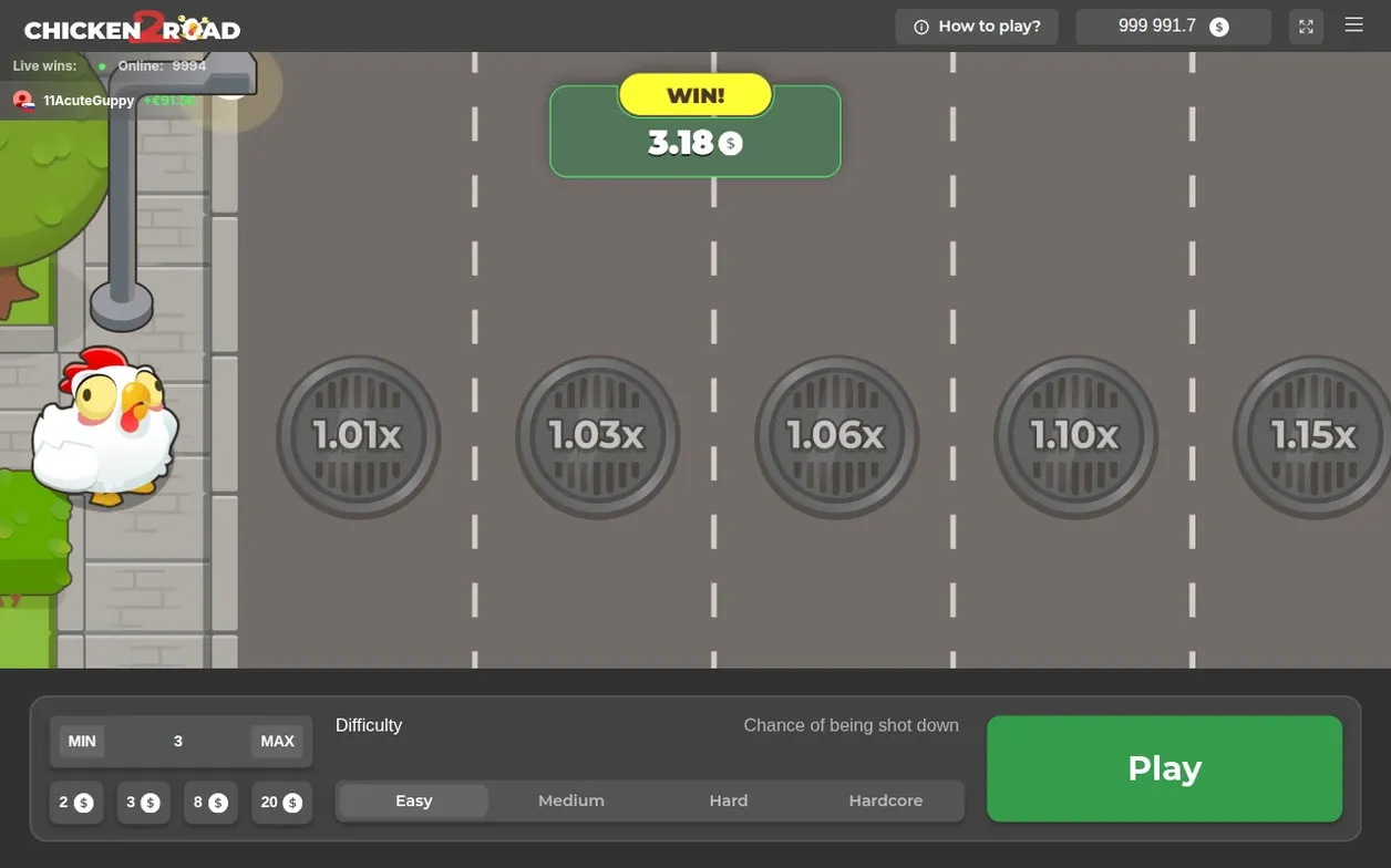 Yellow WIN! banner shows 3.18 $ payout above the road after cashing out at 1.06x on Easy