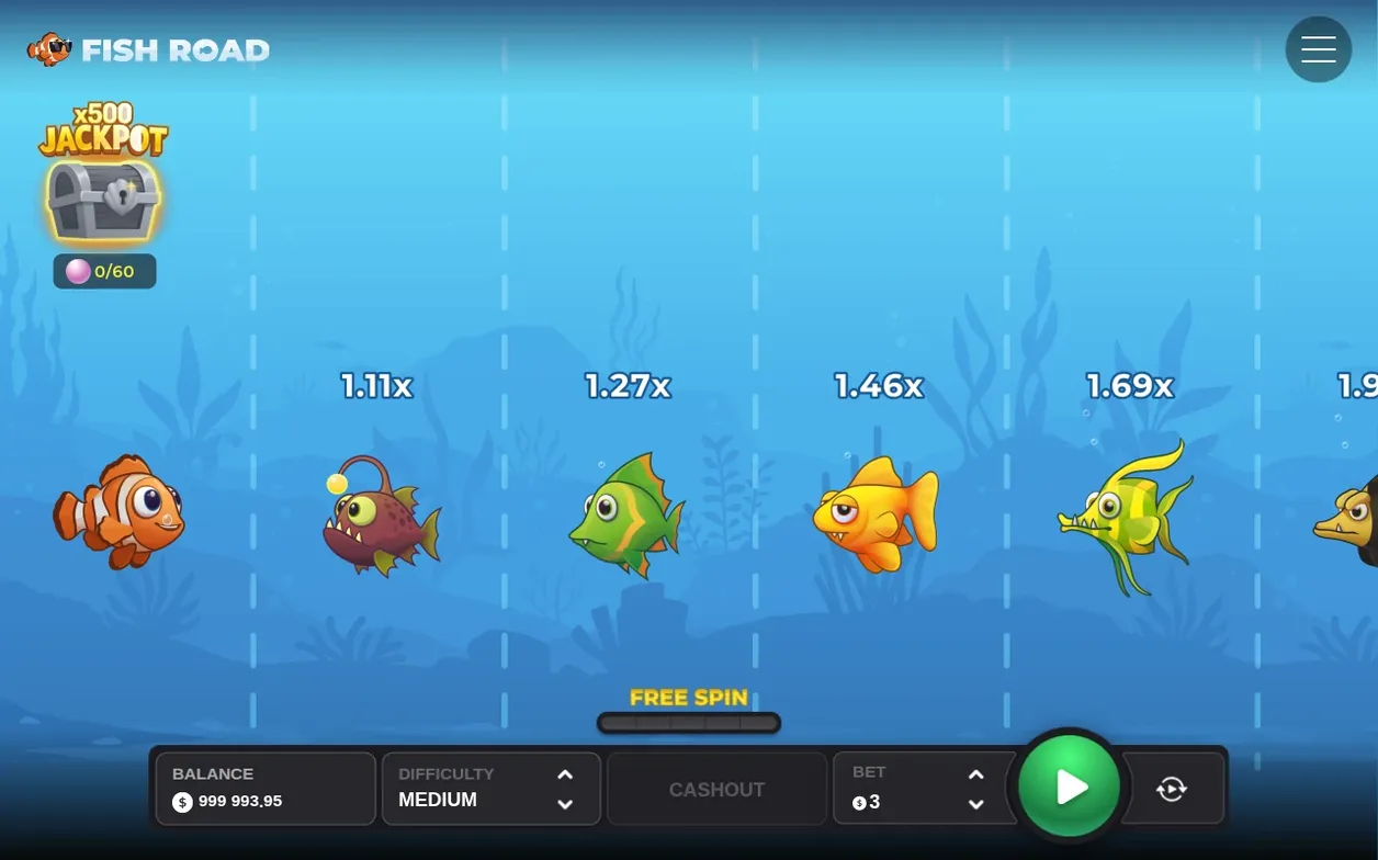 Easy road idle: clownfish faces lanes marked 1.11x to 1.69x, Play button ready, bet 3
