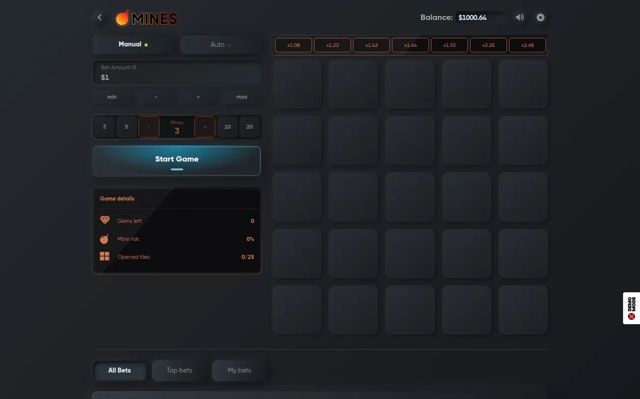 Mines set to 3, unopened 5x5 grid, ladder tops at x2.68, Start Game button ready