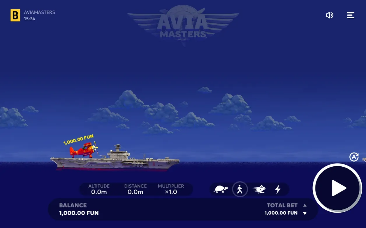 Biplane rests on the carrier deck with a 1,000.00 FUN bet and all flight stats at zero.